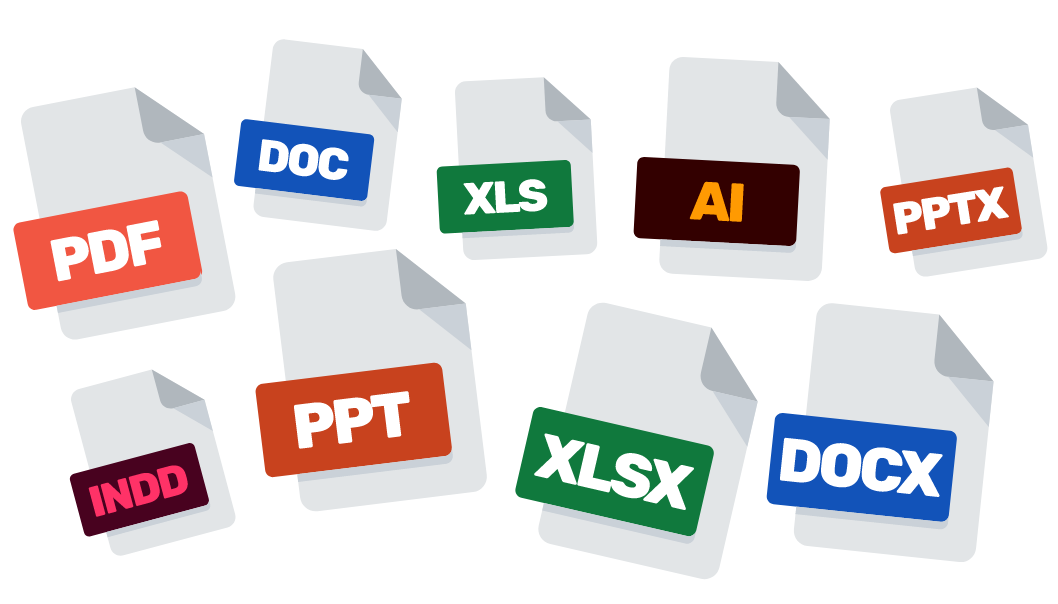 Ikoner til PDF, Word, PowerPoint, Excel, Illustrator, InDesign