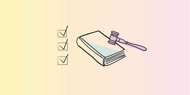 En checklista och en domarklubba som slår på en lagbok, illustration.