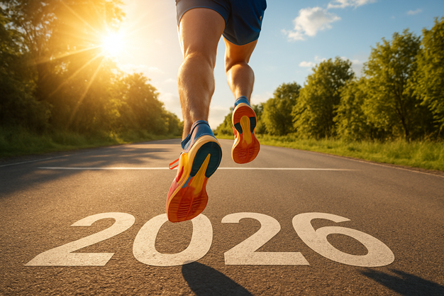Löpare på asfalt springandes över texten 2026.