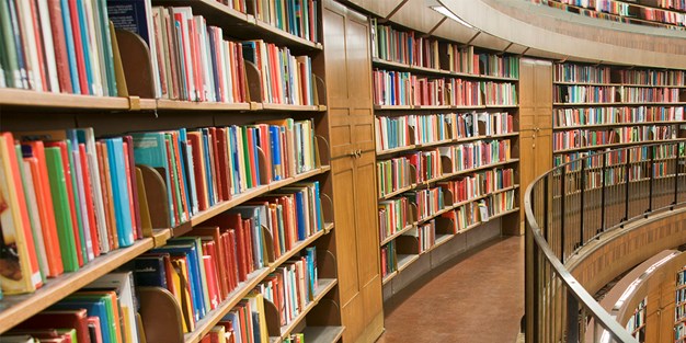 böcker på hyllor i ett bibliotek. Foto