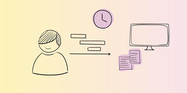 En användare, ett flöde och en klocka, några dokument och en dator, illustration.
