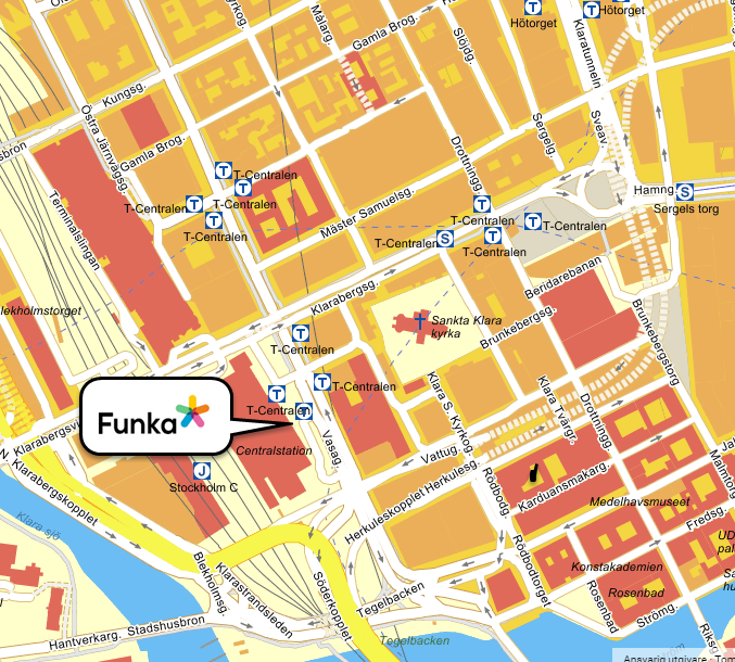Kartbild där Funkas kontor är markerat. Illustration.