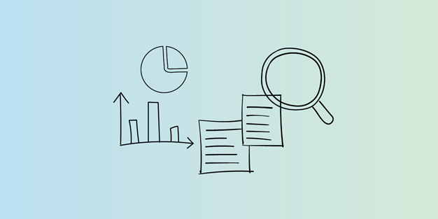 Linjediagram, dokument, en klocka och förstoringsglas, illustration., 