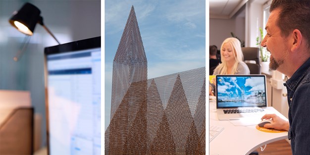 Tre motiv: Nærbilde av en bildeskjerm, et kunstverk og Funkas Jennifer Jordal og Johan Kling, foto.