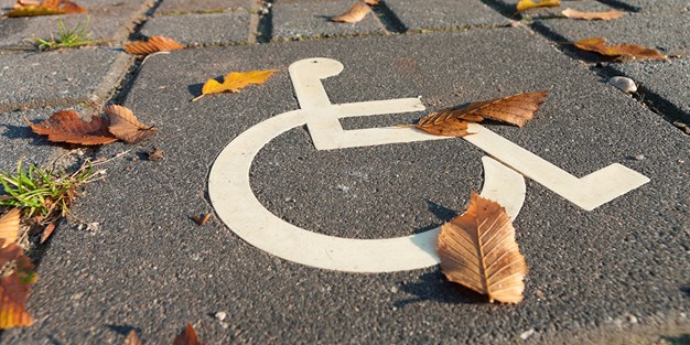 Symbol på handikappsparkering och höstlöv. Foto