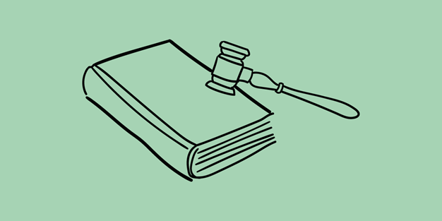 A gavel and a book, illustration.