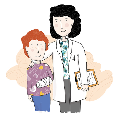 Et barn med et bandasje på armen og en lege med hånden på barnets skulder, illustrasjon.