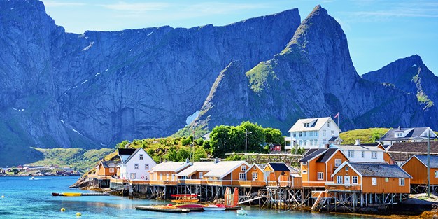 A bay with houses by Lofoten in Norway. Photo