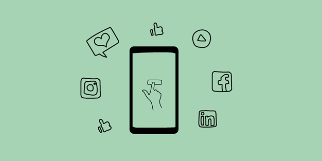 En smartphone med olika ikoner relaterade till sociala medier. Illustration.