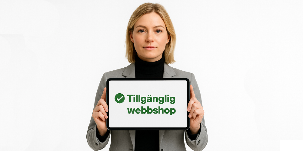 Tjej som håller upp en skylt som har till textn Tillgänglig webbshop.