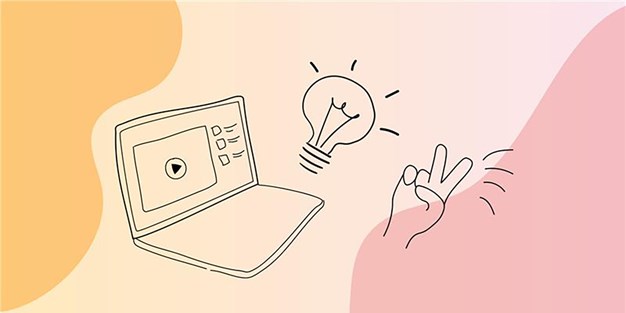 En bärbar dator, fingrar som gör V-tecknet och en glödlampa, illustration.