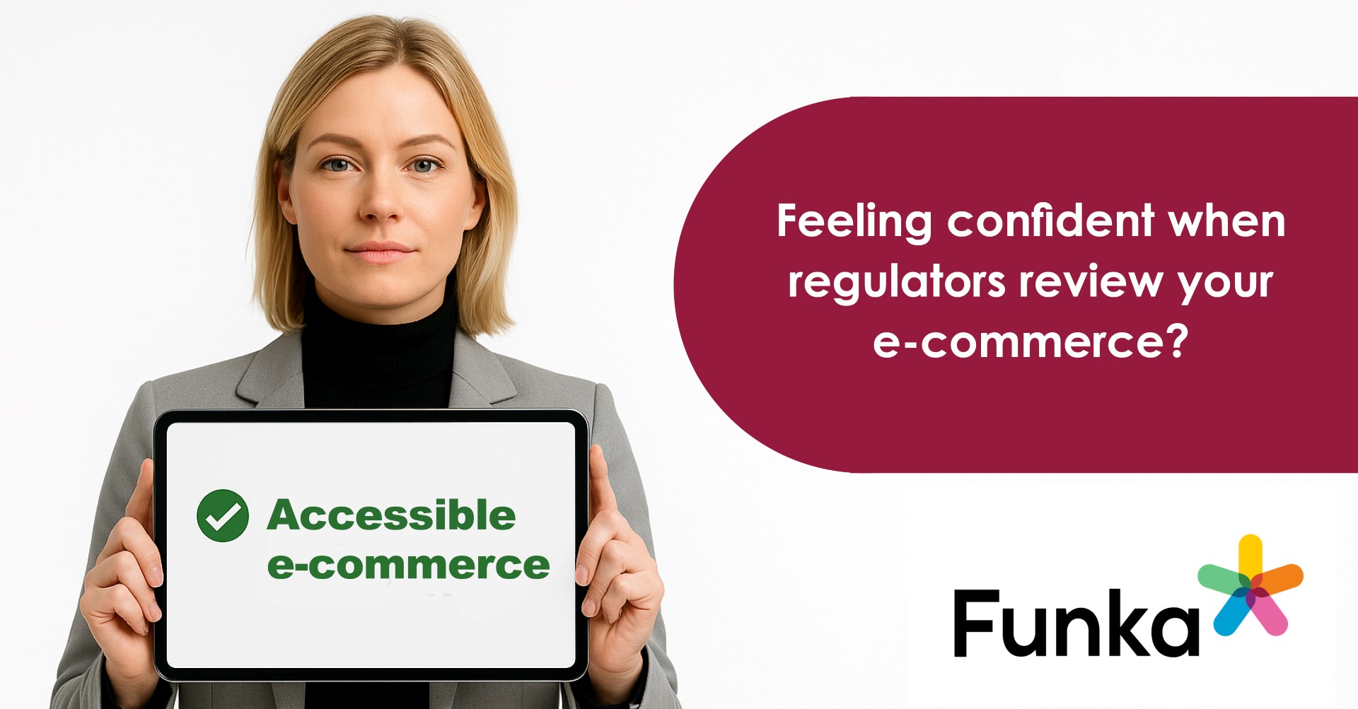 Girl hold a sign with the text Accessible E-commerce on.