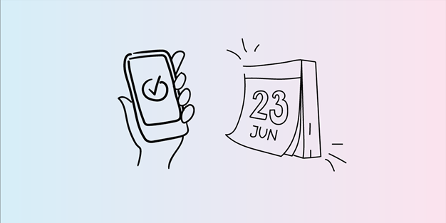 En hand som håller i en smartphone samt en kalender som visar 23 juni. Illustration