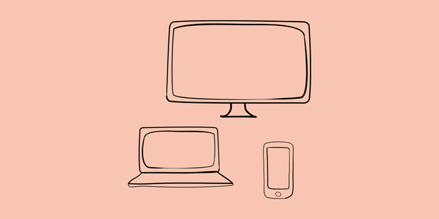Tre olika skärmar, en stor bildskärm, en laptop och en smartphone. Illustration